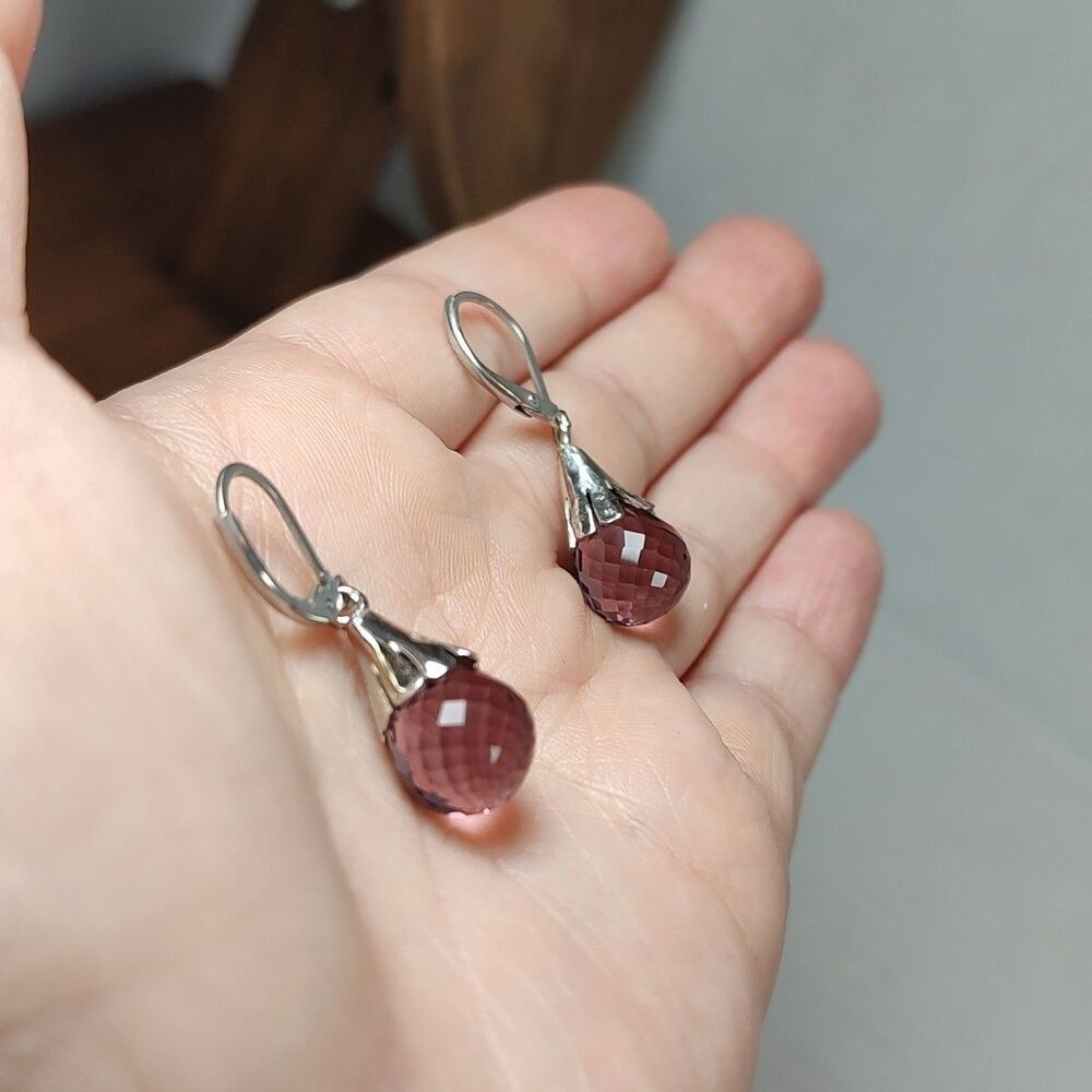 Silver Tone Metal Purple Pink Glass Faceted Stone Teardrop Drop Fashion Earrings - Picture 14 of 14